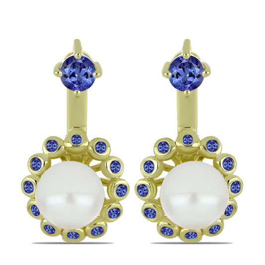 Pendientes de Plata Bañada en Oro con Perla blanca de agua dulce y Tanzanita