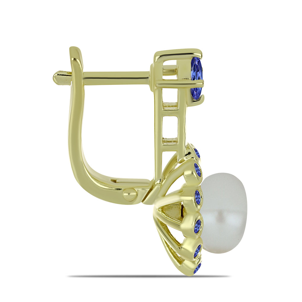 Pendientes de Plata Bañada en Oro con Perla blanca de agua dulce y Tanzanita 2 