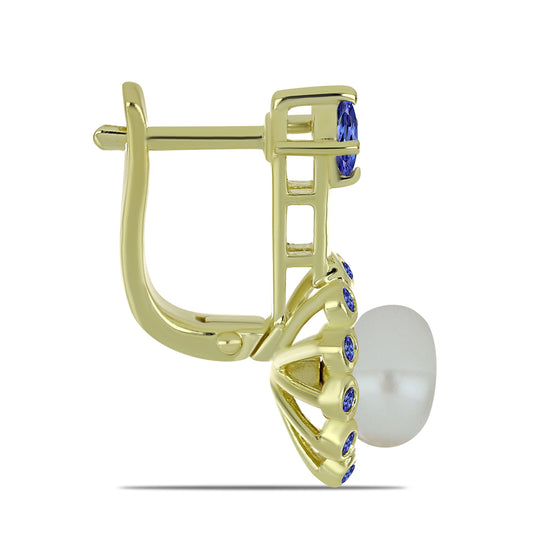 Pendientes de Plata Bañada en Oro con Perla blanca de agua dulce y Tanzanita