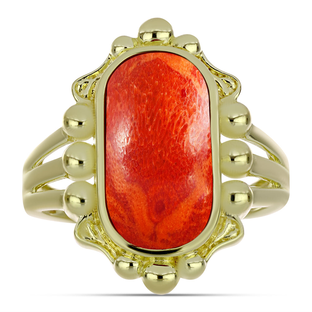 Anillo de Plata Bañada en Oro con Coral de Esponja Roja