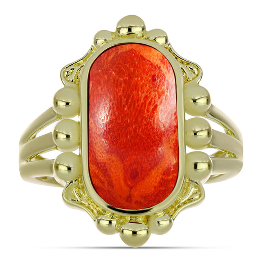 Anillo de Plata Bañada en Oro con Coral de Esponja Roja