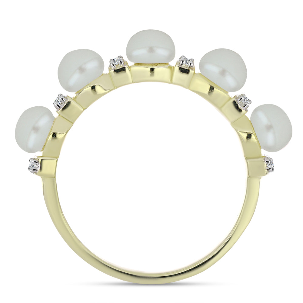 Anillo de Plata Bañada en Oro con Perla blanca de agua dulce y Topacio Blanco