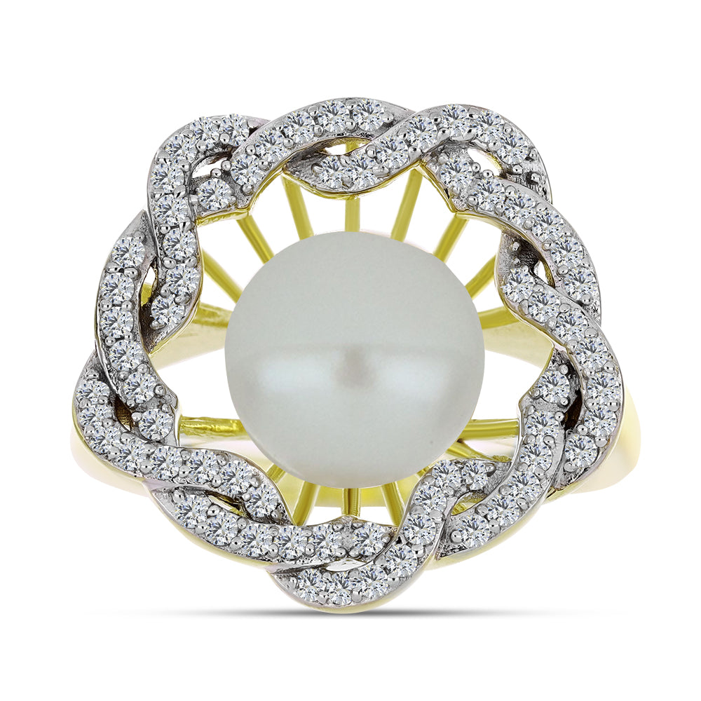 Anillo de Plata Bañada en Oro con Perla blanca de agua dulce y Topacio Blanco 1 