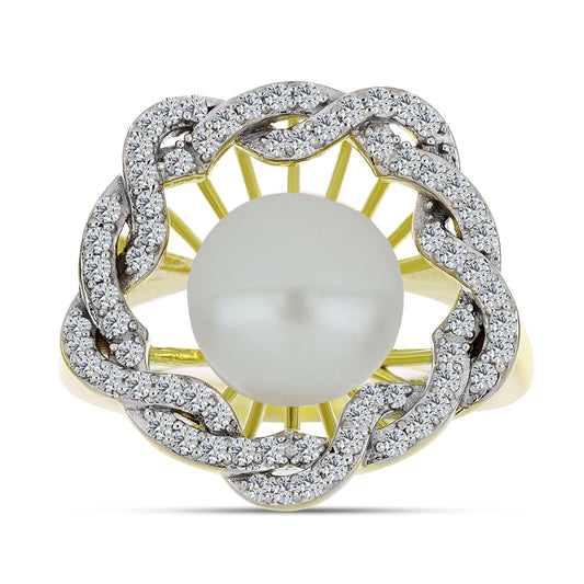 Anillo de Plata Bañada en Oro con Perla blanca de agua dulce y Topacio Blanco
