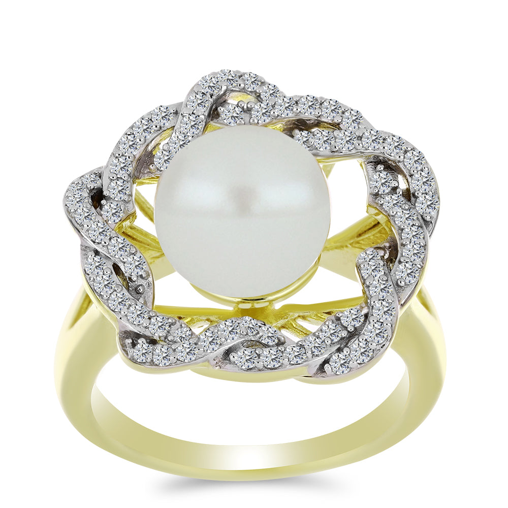 Anillo de Plata Bañada en Oro con Perla blanca de agua dulce y Topacio Blanco