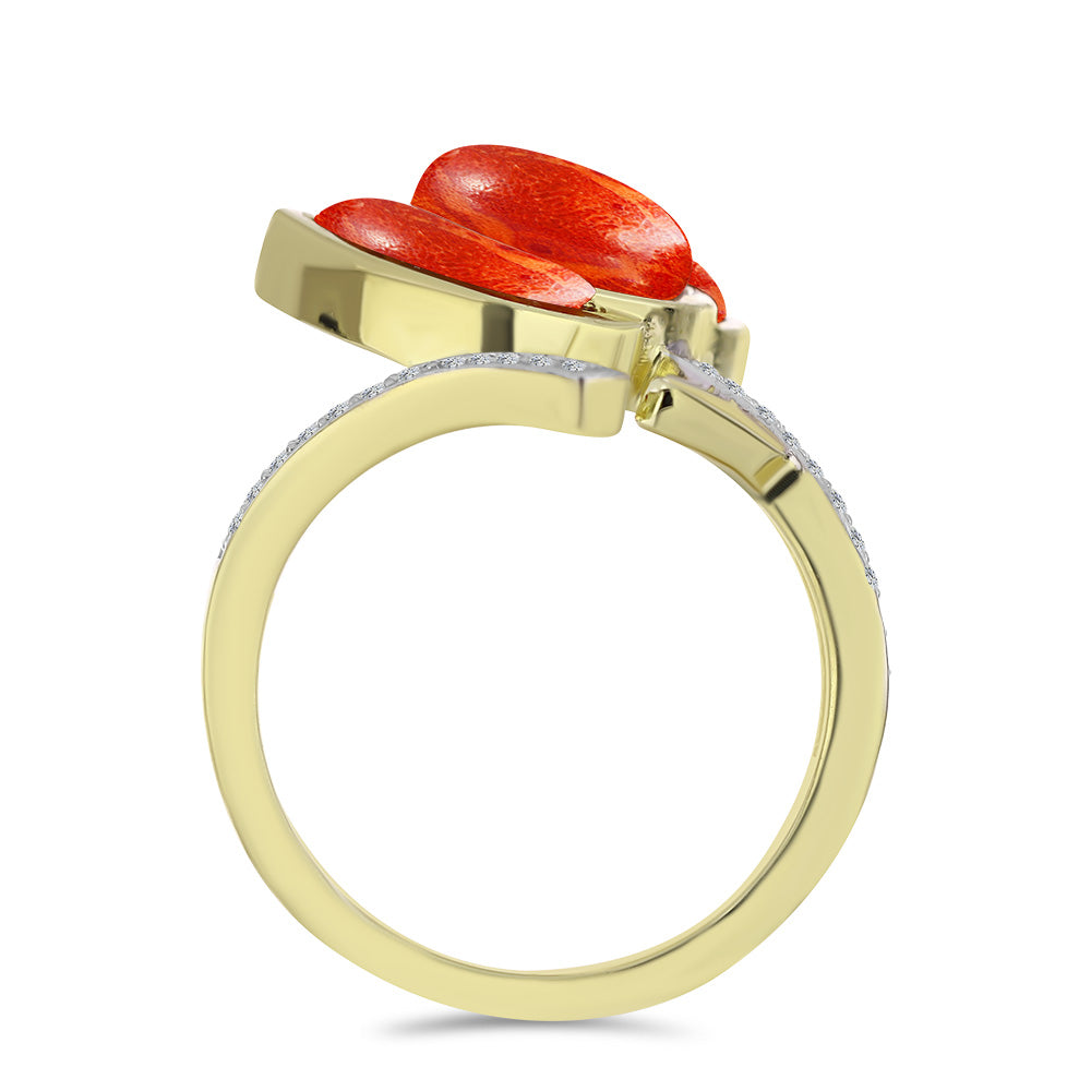 Anillo de Plata Bañada en Oro con Coral de Esponja Roja y Topacio Blanco
