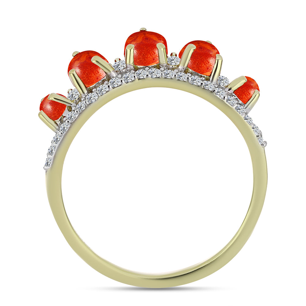 Anillo de Plata Bañada en Oro con Coral de Esponja Roja y Topacio Blanco