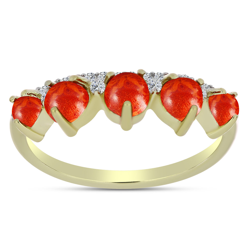 Anillo de Plata Bañada en Oro con Coral de Esponja Roja y Topacio Blanco 1 