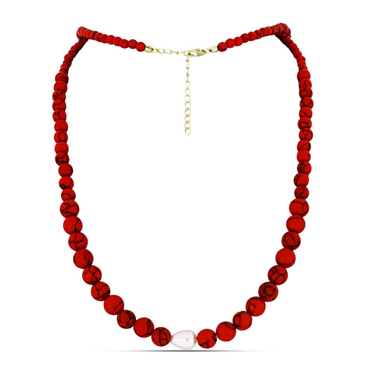 Collar de Plata Bañada en Oro con Coral de Esponja Roja y Perla blanca de agua dulce