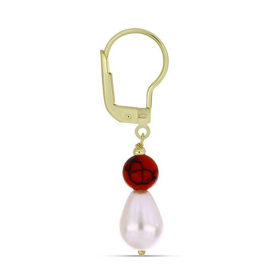 Pendientes de Plata Bañada en Oro con Coral de Esponja Roja y Perla blanca de agua dulce