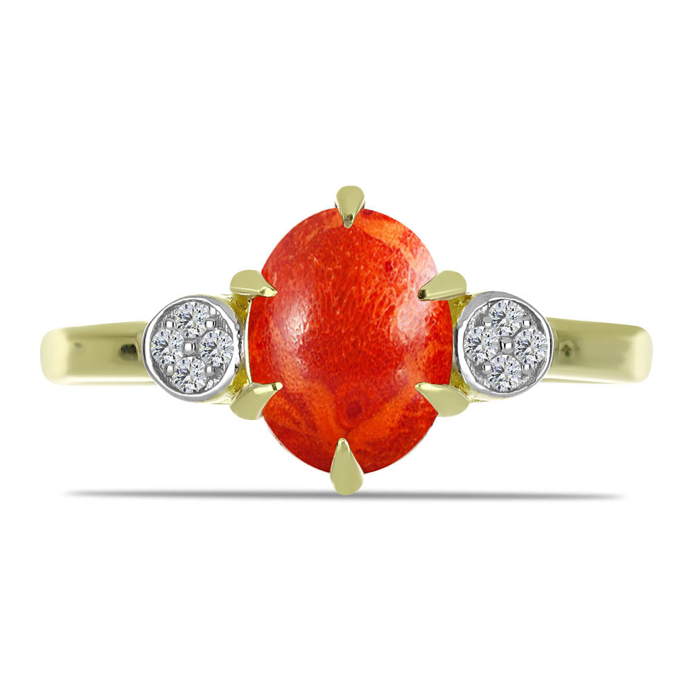 Anillo de Plata Bañada en Oro con Coral de Esponja Roja y Topacio Blanco
