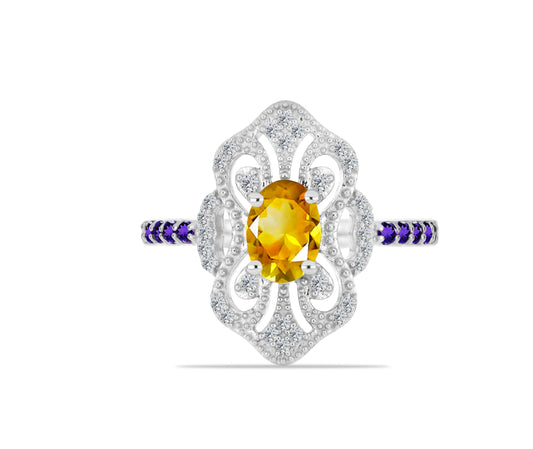 Anillo de Plata con Citrino de los Montes Urales y Amatista de Marruecos