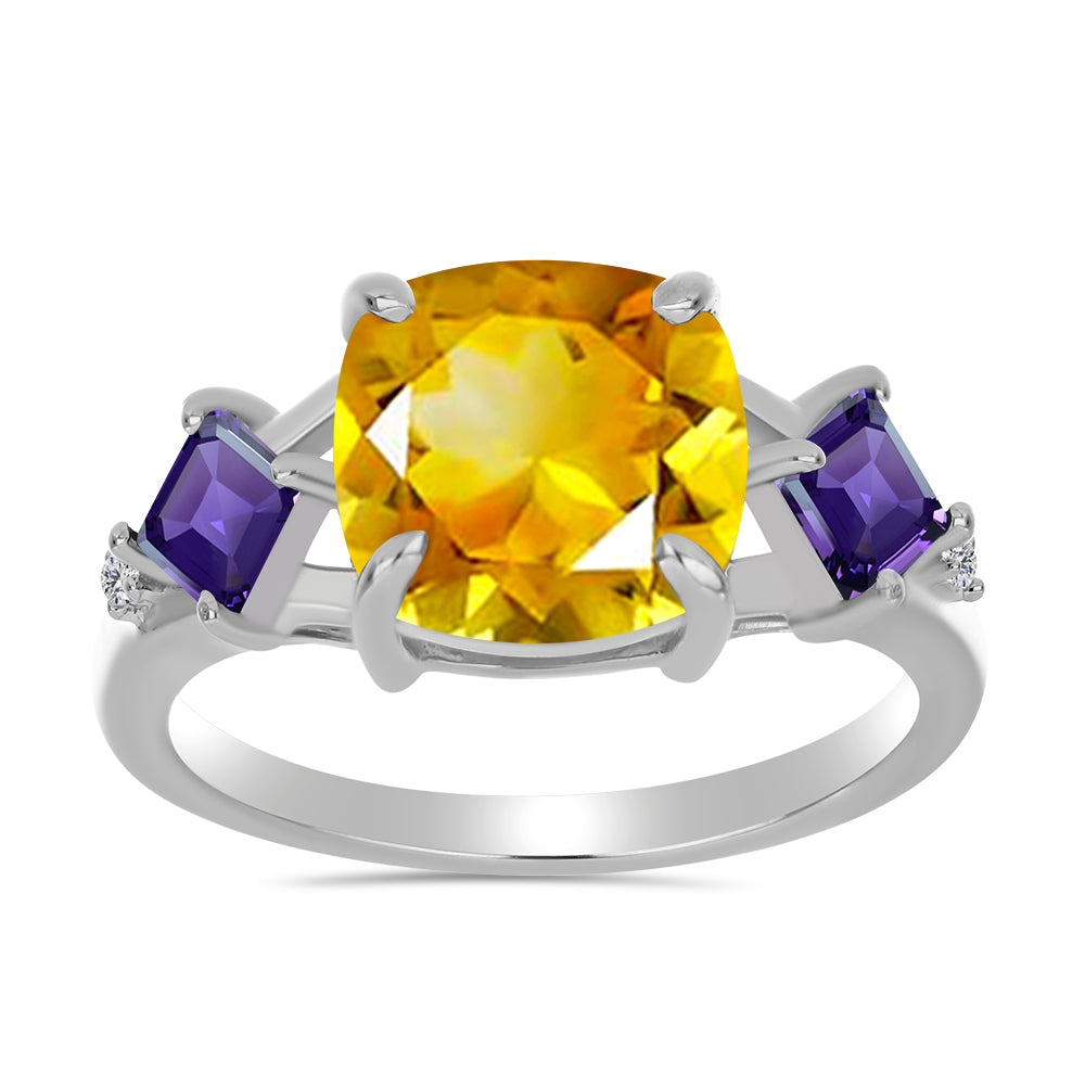 Anillo de Plata con Citrino de los Montes Urales y Amatista de Marruecos