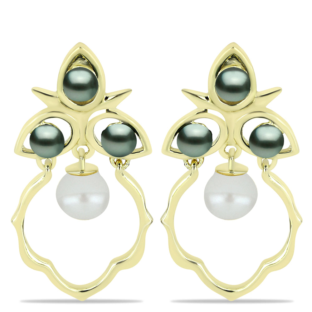 Pendientes de Plata Bañada en Oro con Perla de río Tahiti verde ilusión y Perla de Agua Dulce Blanca 1 