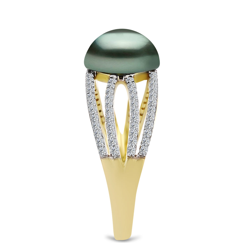 Anillo de Plata Bañada en Oro con Perla de río Tahiti verde ilusión y Topacio Blanco 4 