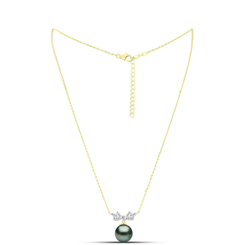 Collar de Plata Bañada en Oro con Perla de río Tahiti verde ilusión y Topacio Blanco