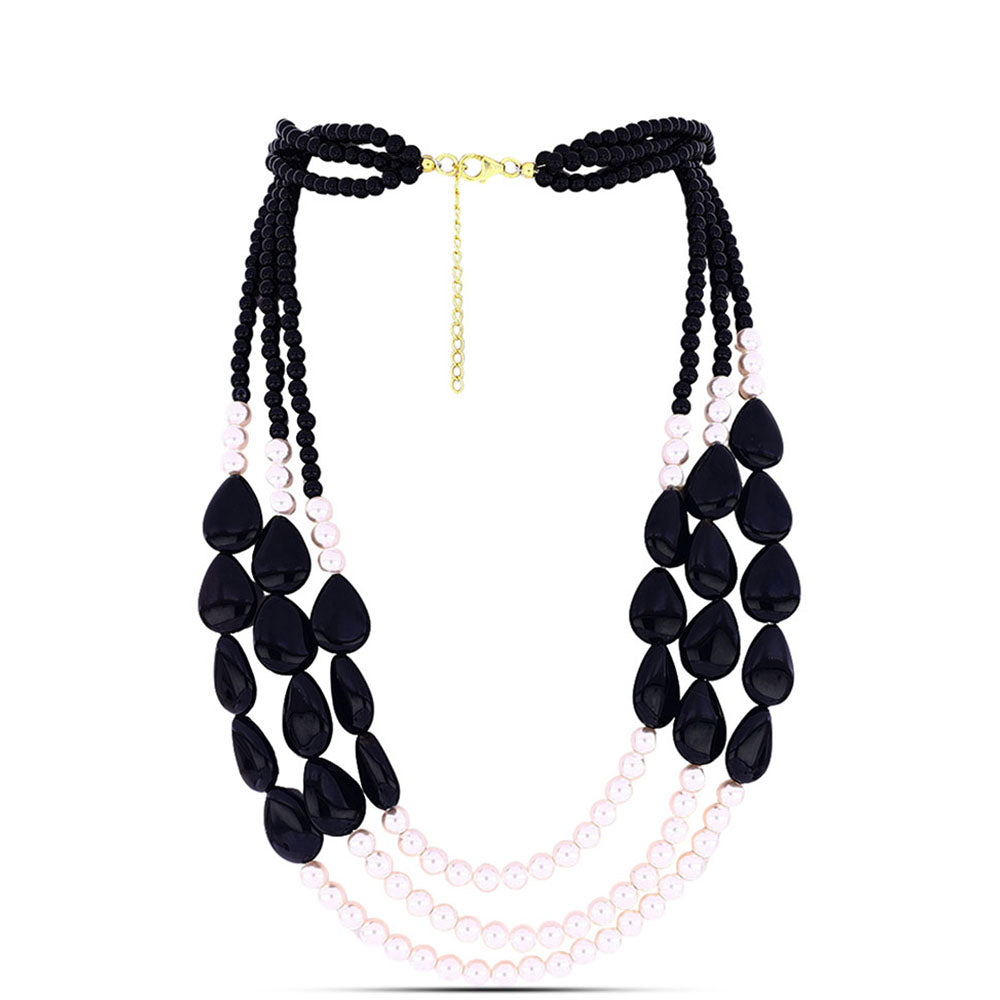 Collar de Plata Bañada en Oro con Ónix Negro y Perla de Agua Dulce Blanca 1 