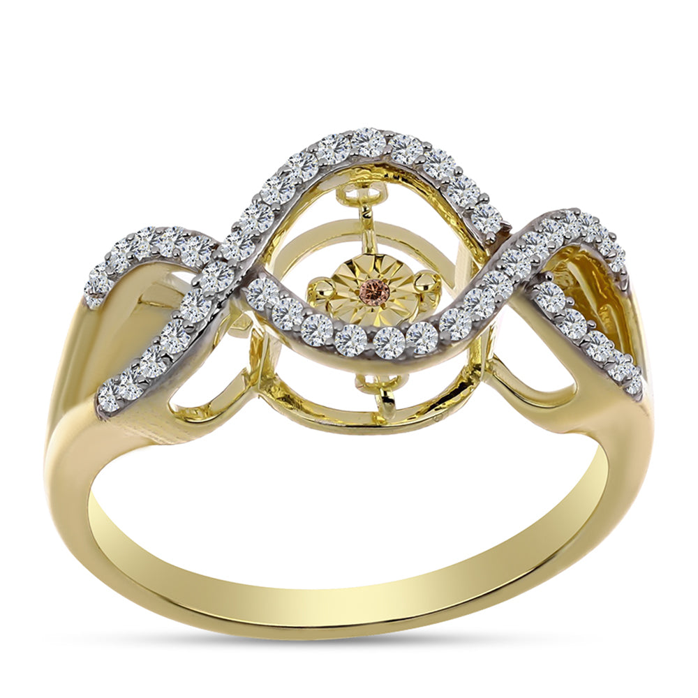 Anillo de Plata Bañada en Oro con Diamante Cognac y Topacio Blanco