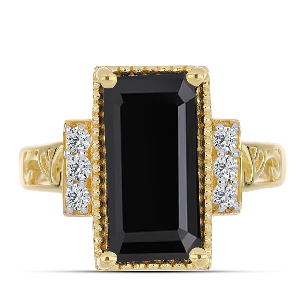 Anillo de Plata Bañada en Oro con Ónix Negro y Topacio Blanco
