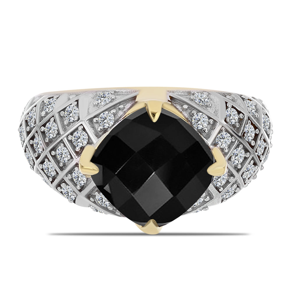 Anillo de Plata Bañada en Oro con Ónix Negro y Topacio Blanco