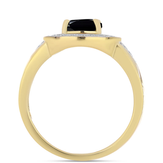 Anillo de Plata Bañada en Oro con Ónix Negro y Topacio Blanco