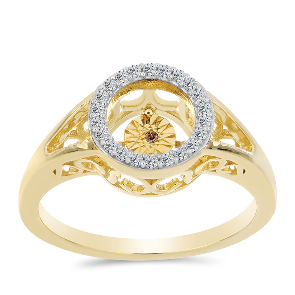 Anillo de Plata Bañada en Oro con Diamante Cognac y Topacio Blanco