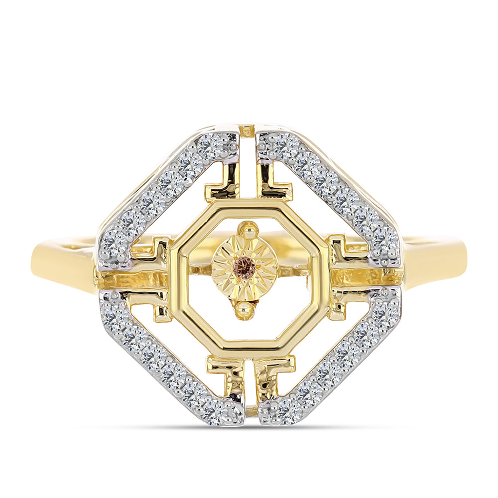 Anillo de Plata Bañada en Oro con Diamante Cognac y Topacio Blanco