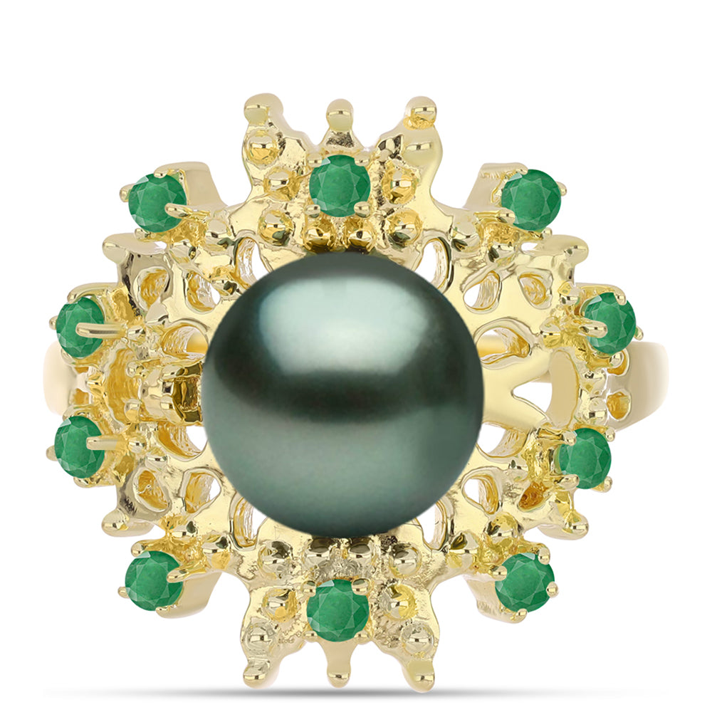 Anillo de Plata Bañada en Oro con Perla de río Tahiti verde ilusión y Esmeralda de Brasil 1 