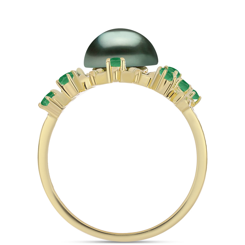 Anillo de Plata Bañada en Oro con Perla de río Tahiti verde ilusión y Esmeralda de Brasil 2 
