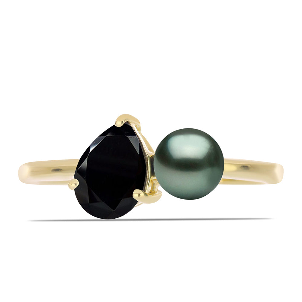 Anillo de Plata Bañada en Oro con Perla de río Tahiti verde ilusión y Espinela Negra de Badakhshan Gorno 1 