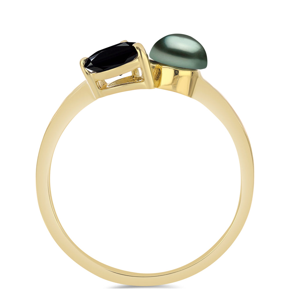 Anillo de Plata Bañada en Oro con Perla de río Tahiti verde ilusión y Espinela Negra de Badakhshan Gorno