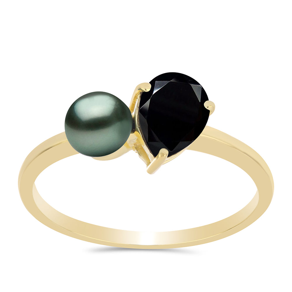 Anillo de Plata Bañada en Oro con Perla de río Tahiti verde ilusión y Espinela Negra de Badakhshan Gorno