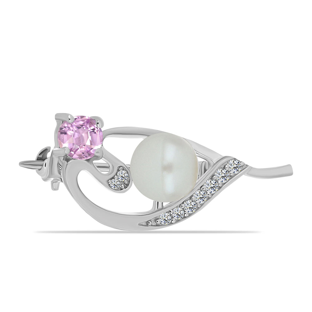 Broche de Plata con Kunzita de Pala y Perla de Agua Dulce Blanca 1 