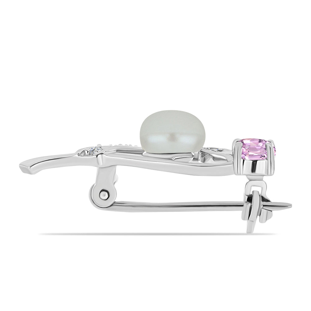 Broche de Plata con Kunzita de Pala y Perla de Agua Dulce Blanca 2 