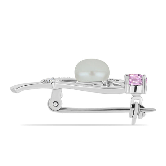 Broche de Plata con Kunzita de Pala y Perla de Agua Dulce Blanca