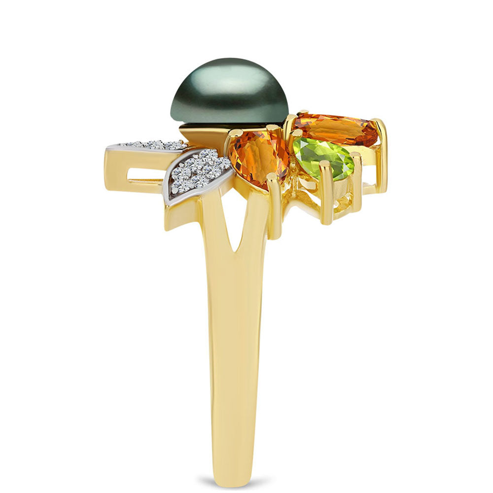 Anillo de Plata Bañada en Oro con Perla de río Tahiti verde ilusión y Citrino de los Montes Urales 4 