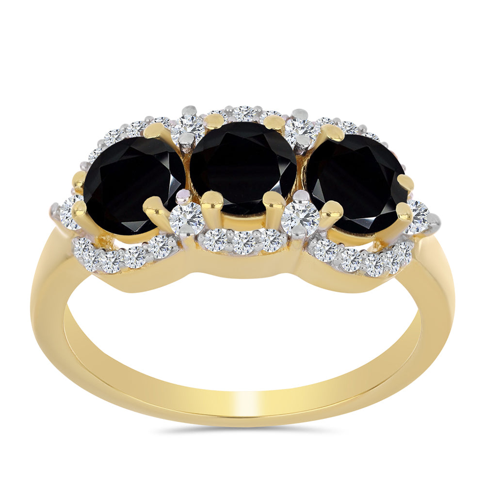 Anillo de Plata Bañada en Oro con Ónix Negro y Topacio Blanco