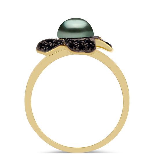 Anillo de Plata Bañada en Oro con Perla de río Tahiti verde ilusión y Espinela Negra de Badakhshan Gorno
