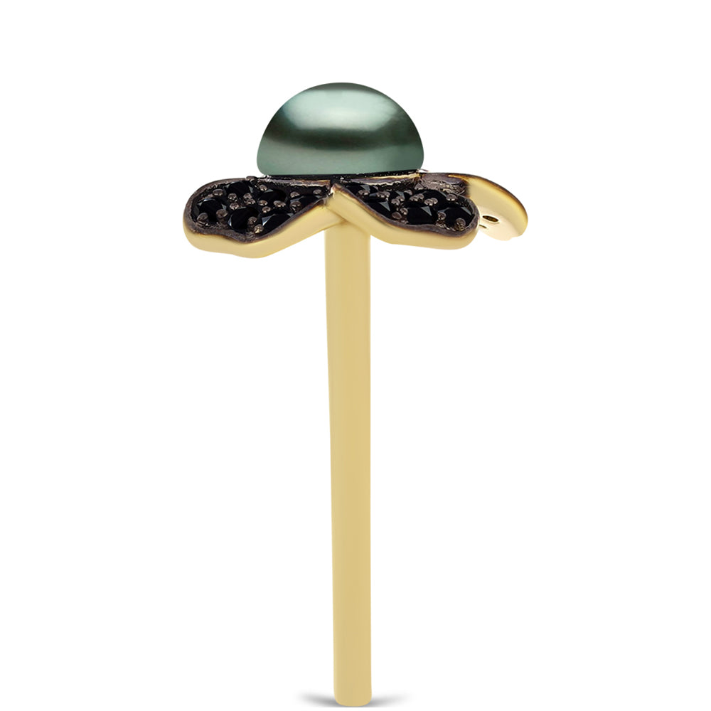 Anillo de Plata Bañada en Oro con Perla de río Tahiti verde ilusión y Espinela Negra de Badakhshan Gorno 4 