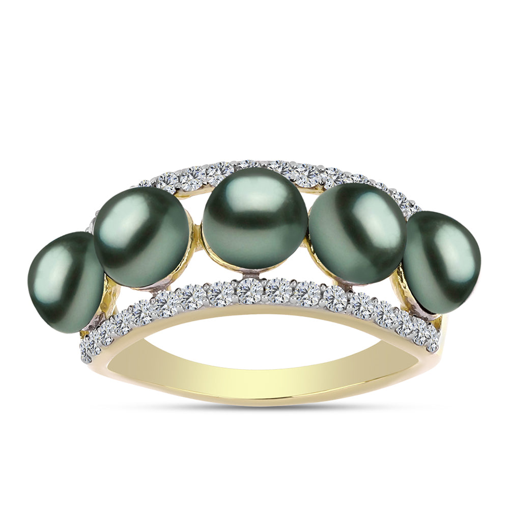 Anillo de Plata Bañada en Oro con Perla de río Tahiti verde ilusión y Topacio Blanco