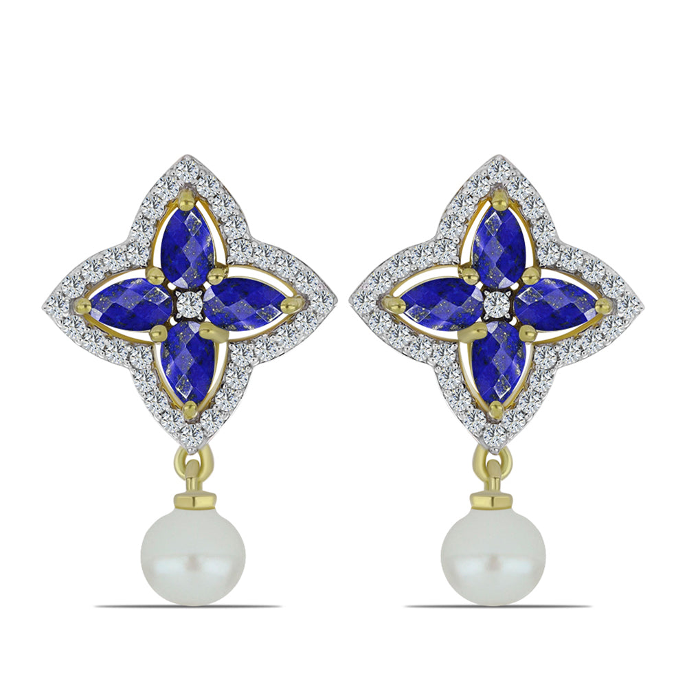 Pendientes de Plata Bañada en Oro con Lapislázuli y Perla de Agua Dulce