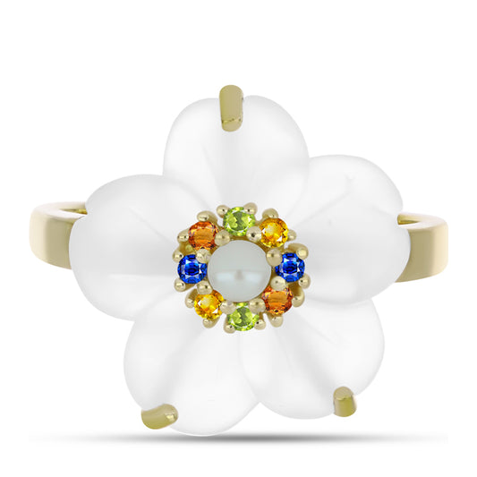 Anillo de Plata Bañada en Oro con Zafiro Arco Iris y Perla de Agua Dulce