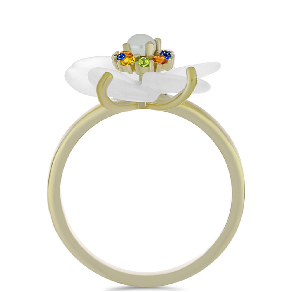 Anillo de Plata Bañada en Oro con Zafiro Arco Iris y Perla de Agua Dulce