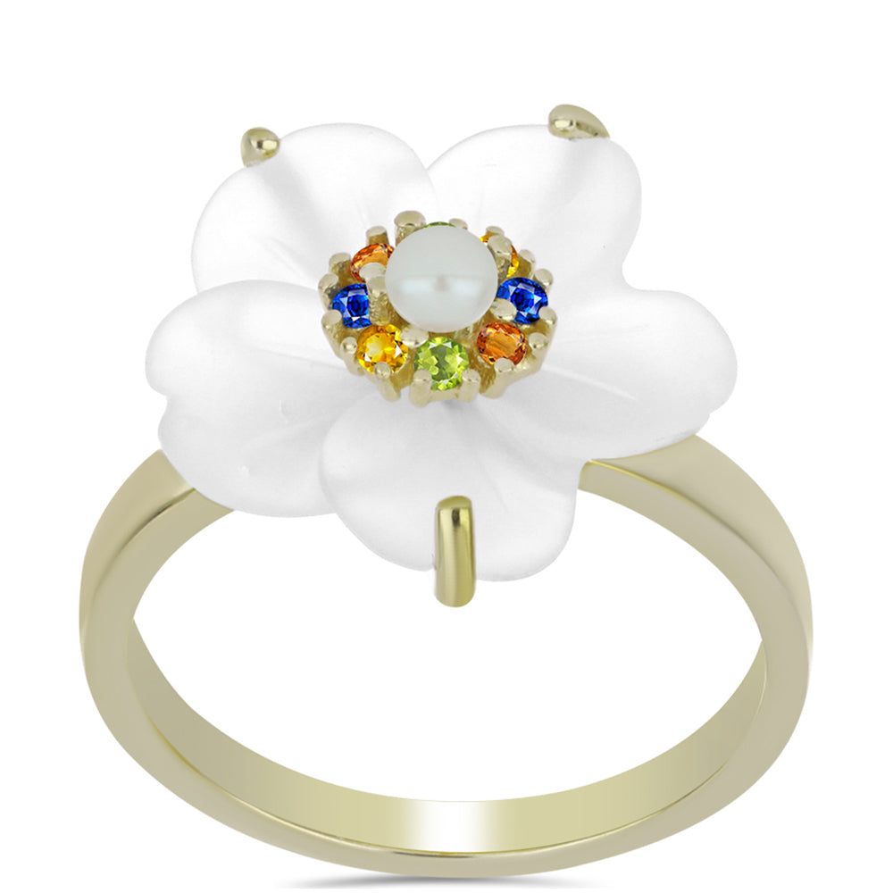 Anillo de Plata Bañada en Oro con Zafiro Arco Iris y Perla de Agua Dulce 3 