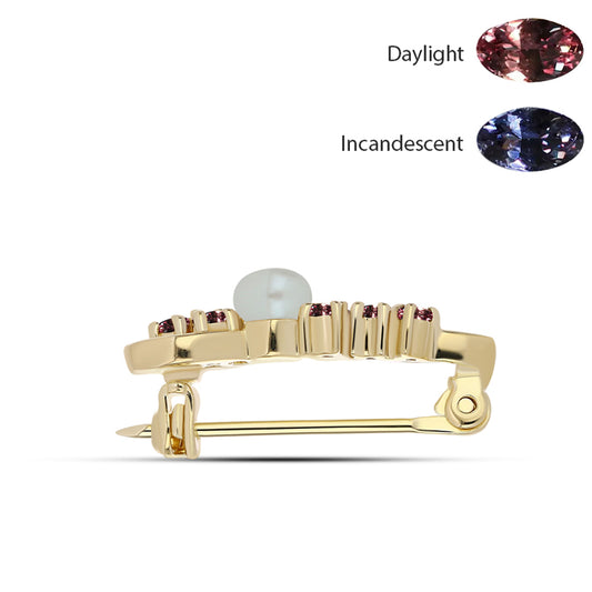 Broche de Plata Bañada en Oro con Granate Multicolor de Tsivory y Perla blanca de agua dulce