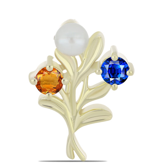 Broche de Plata Bañada en Oro con Zafiro Arco Iris y Perla de Agua Dulce