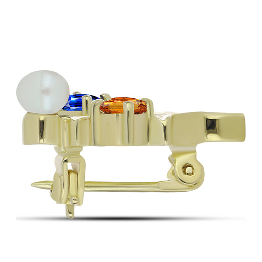 Broche de Plata Bañada en Oro con Zafiro Arco Iris y Perla de Agua Dulce