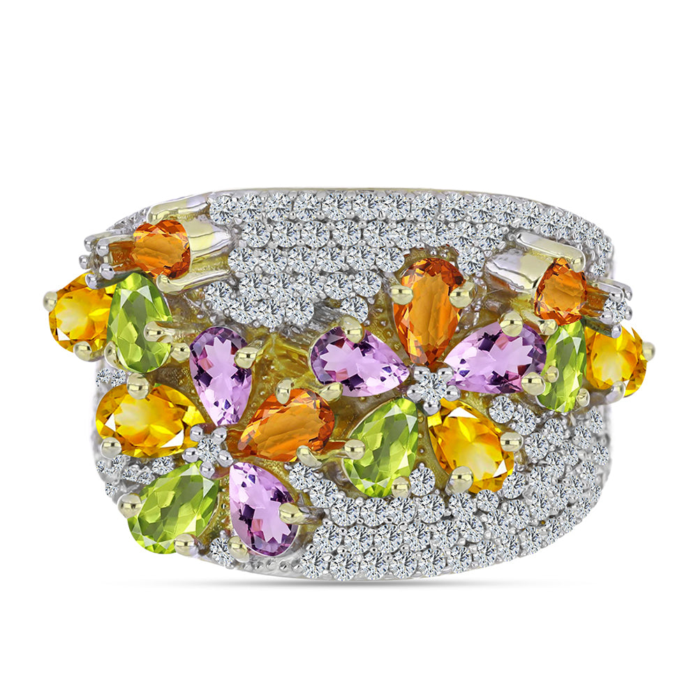 Anillo de Plata Bañada en Oro con Zafiro Arco Iris y Topacio Blanco 2 