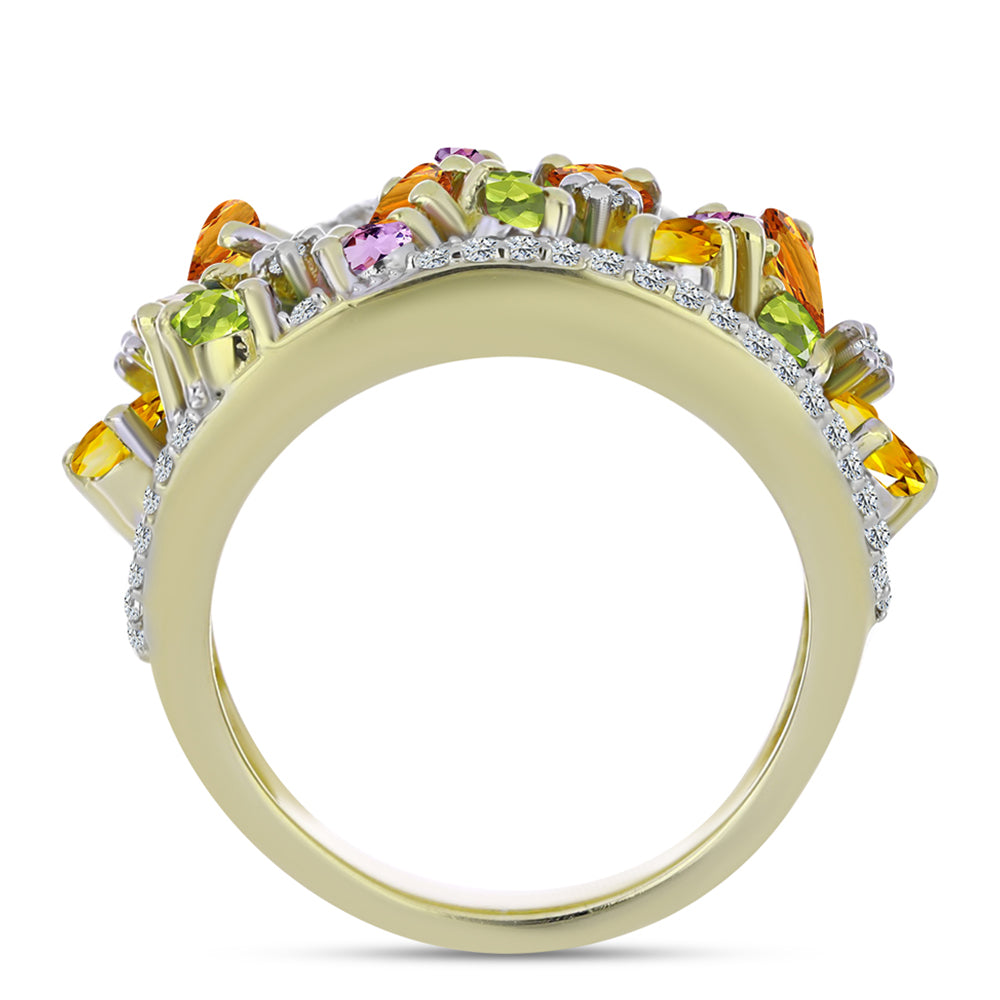 Anillo de Plata Bañada en Oro con Zafiro Arco Iris y Topacio Blanco