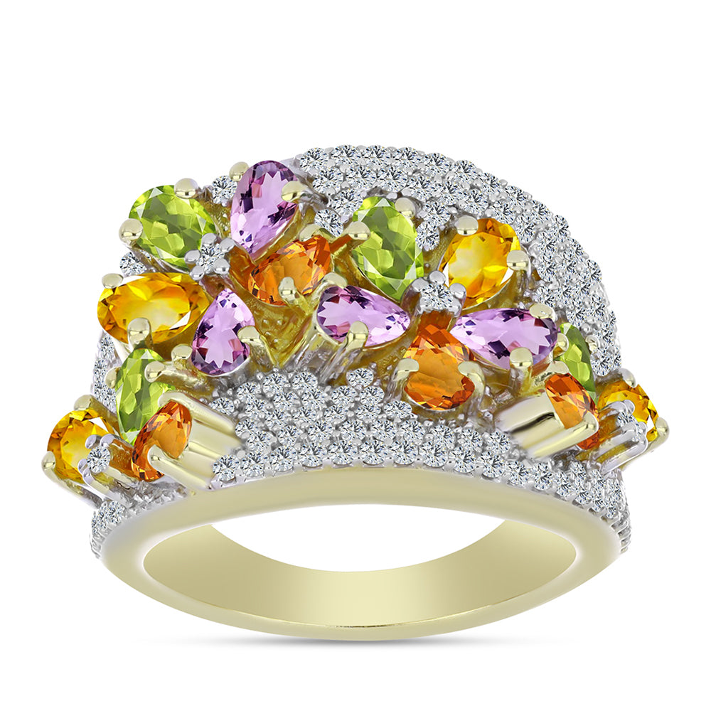 Anillo de Plata Bañada en Oro con Zafiro Arco Iris y Topacio Blanco